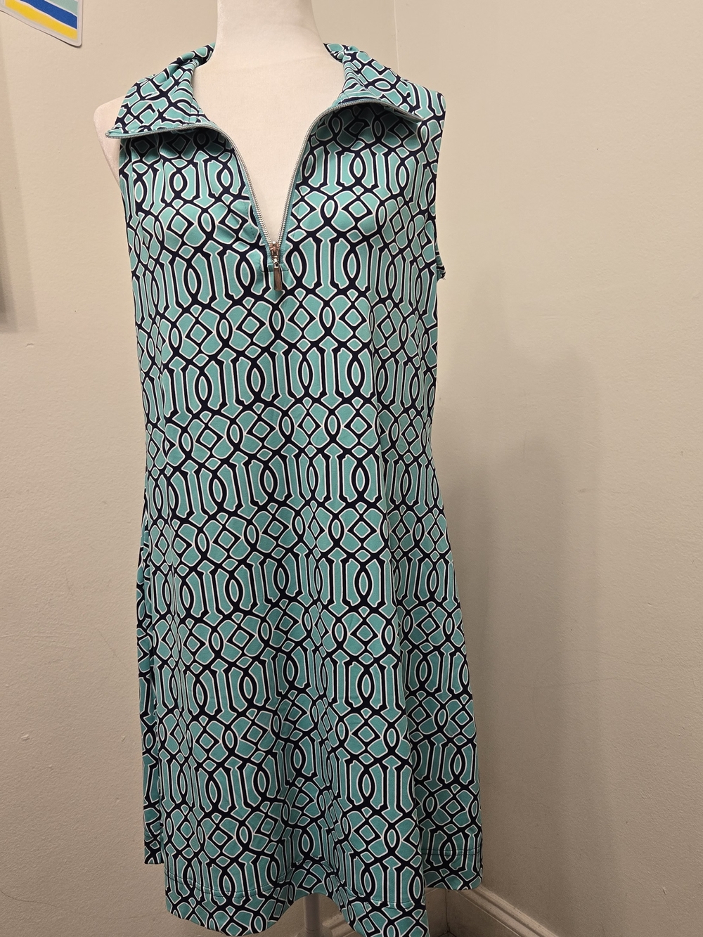 ANTHONYS leeveless Geometric Aqua & Navy Collared Dress